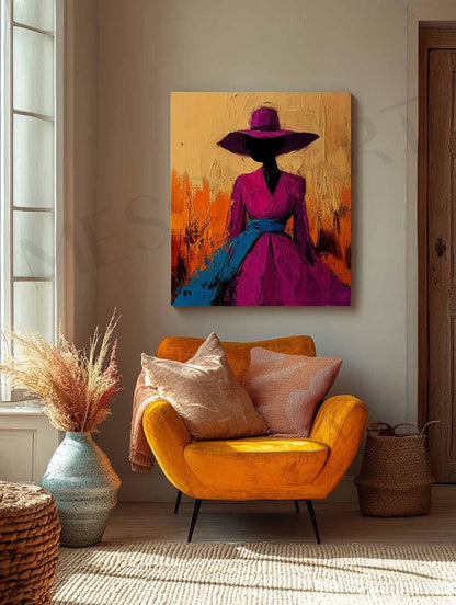 Large Modern Female Abstract Canvas Art Contemporary Palette Abstract Girl Wearing Hat Wall Art