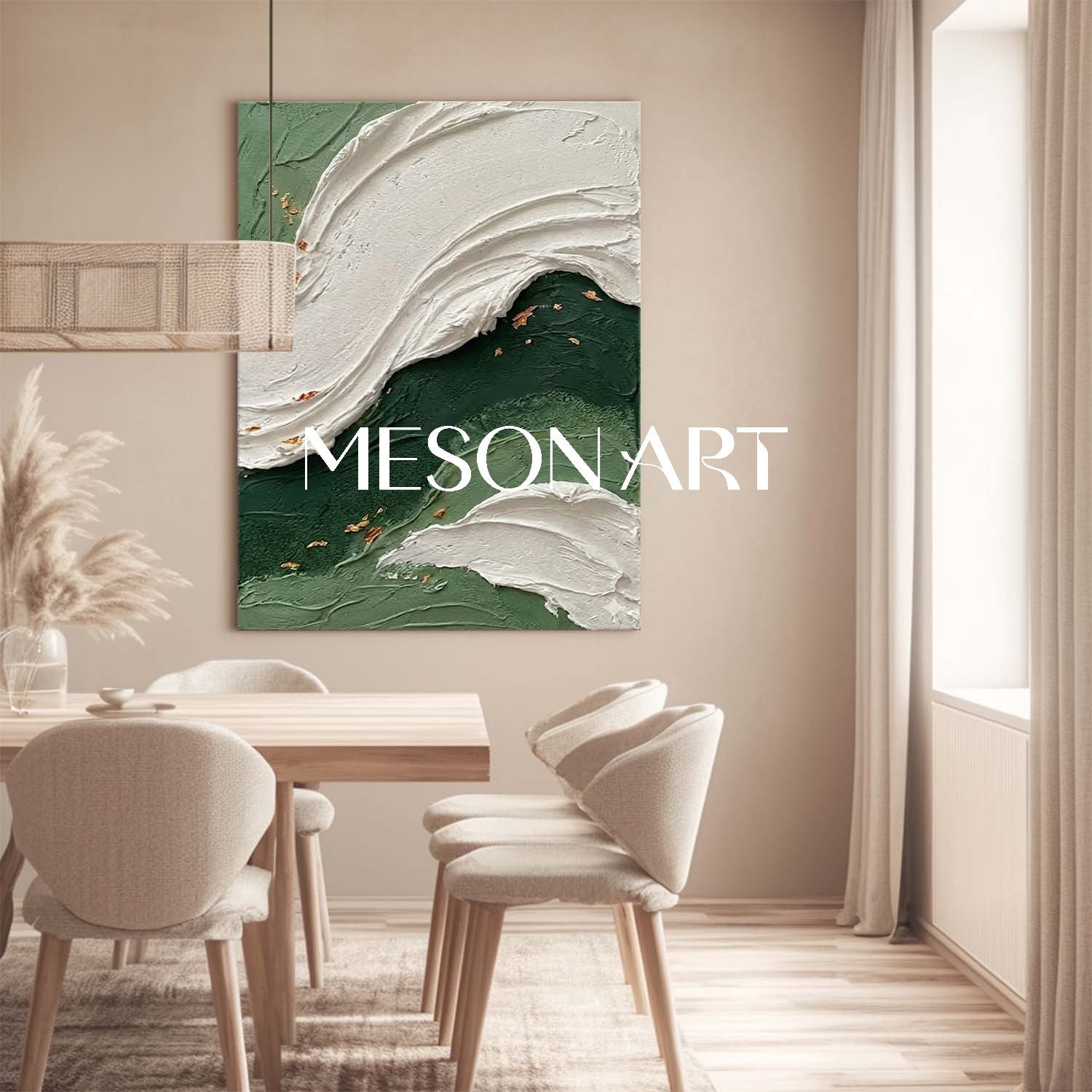 Emerald Green Abstract Wave Painting | Textured Coastal Wall Art with Gold