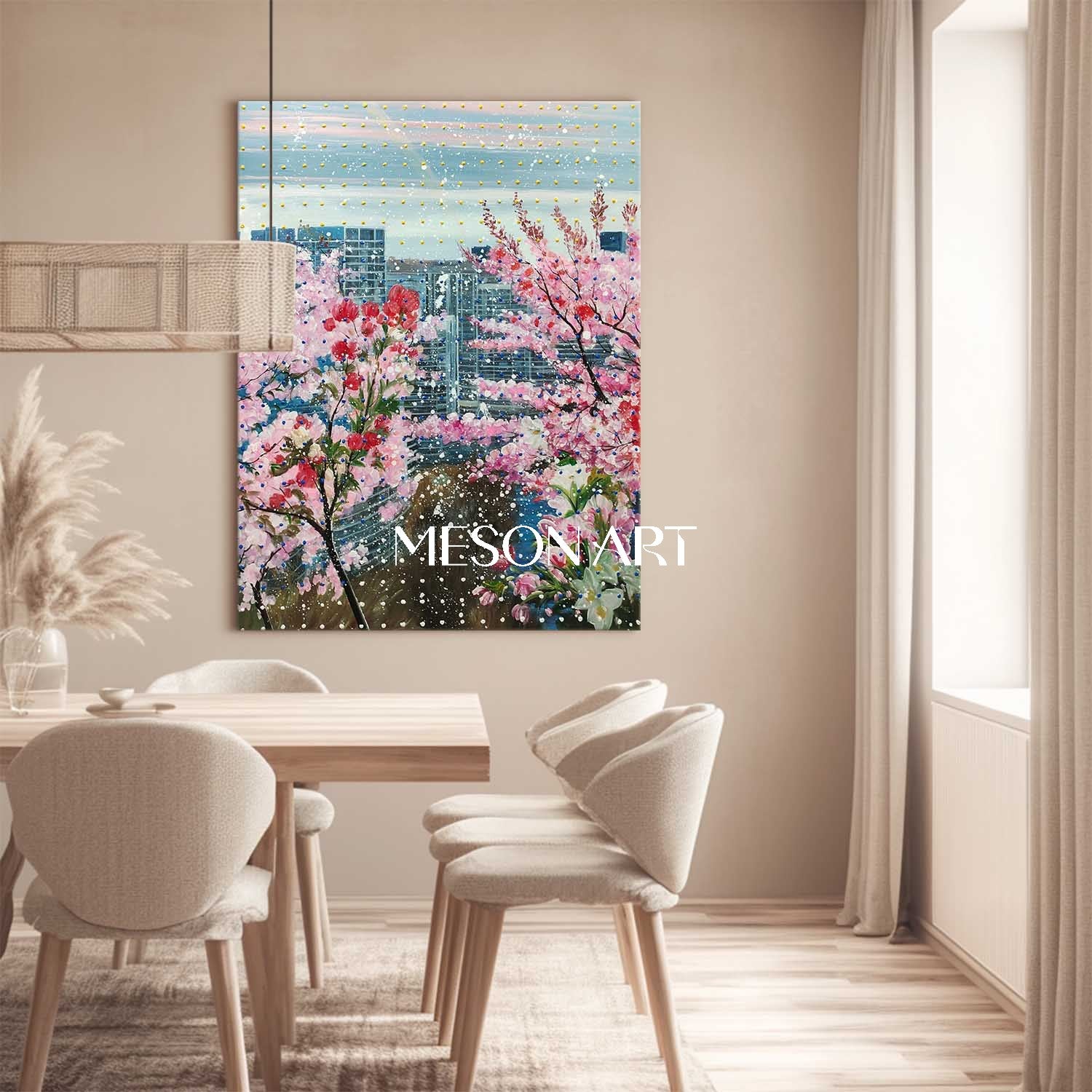 Cherry Blossom Cityscape Wall Art Modern Floral Canvas Painting