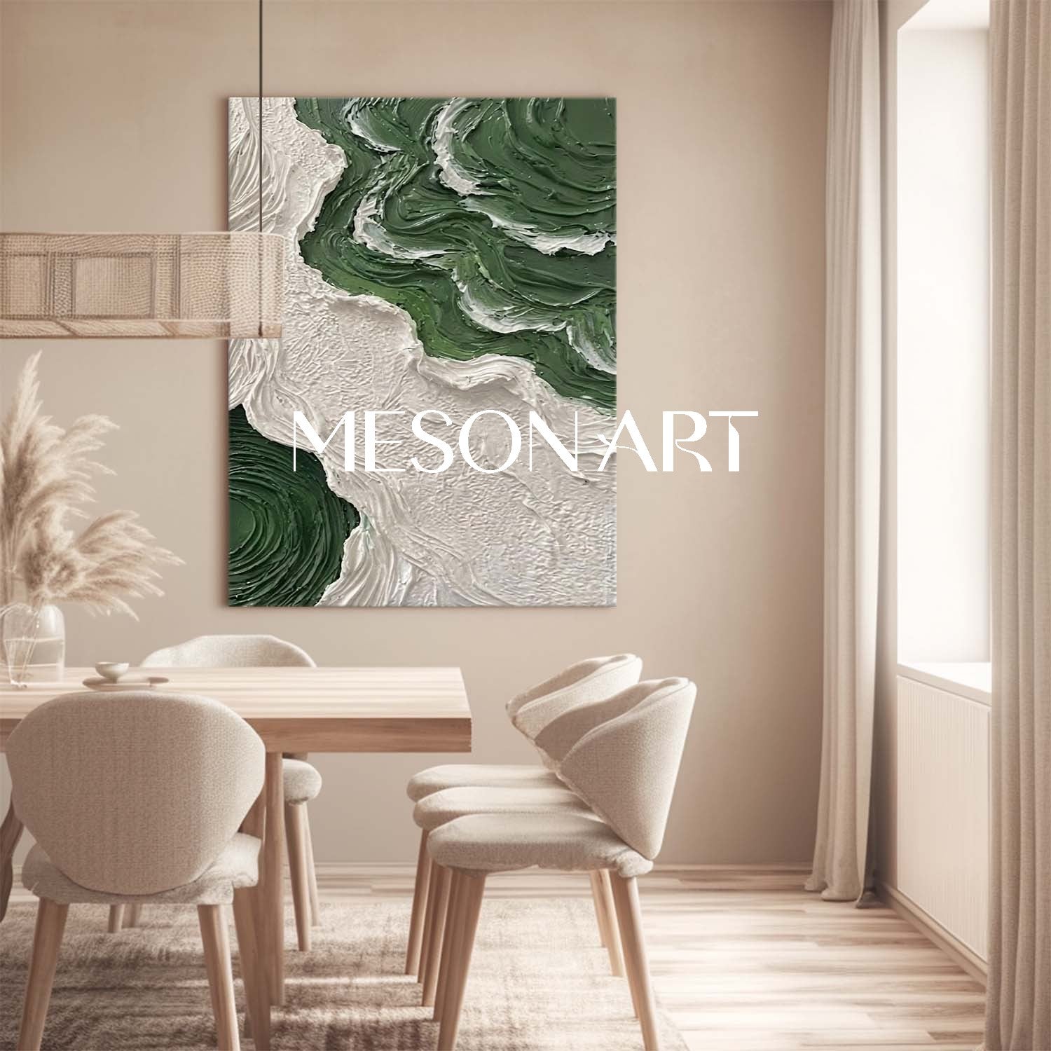 エメラルドグリーンとホワイトアート対角流体抽象絵画フォレスト