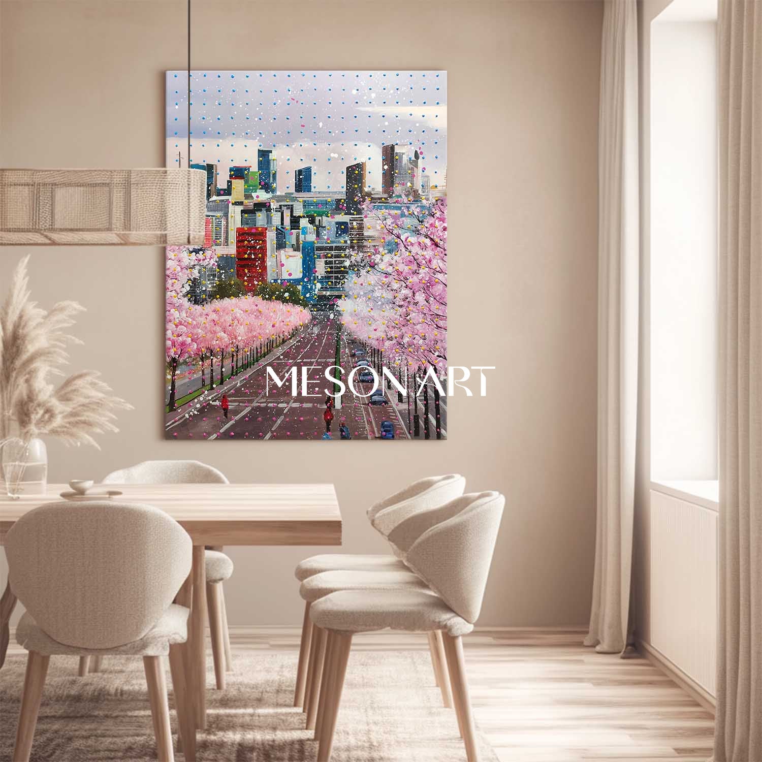 Sakura City Street Canvas Painting Contemporary Cherry Blossom Urban Wall Art