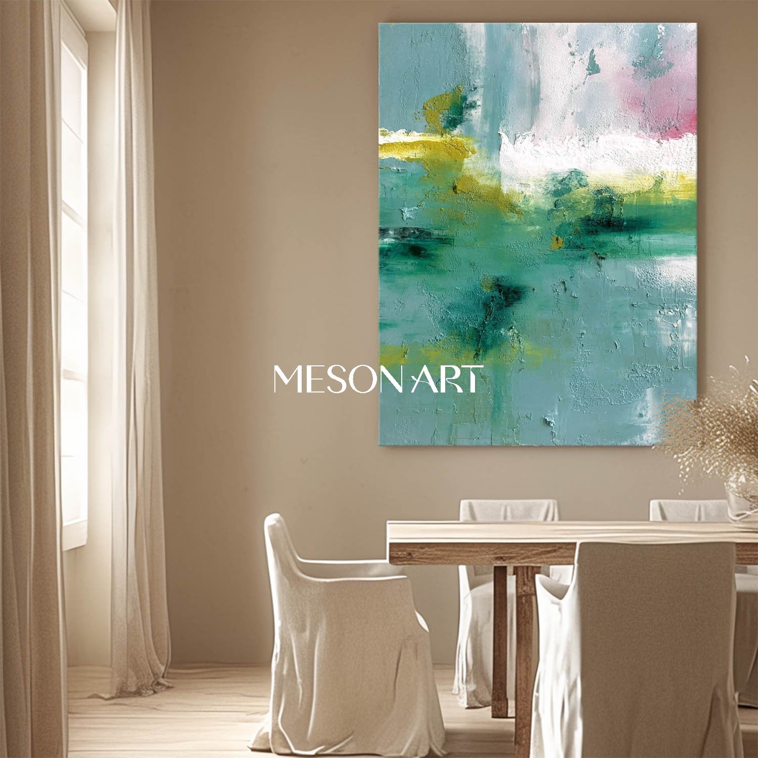 Light Green Abstract Painting Green Wall Art Decor Above the Fireplace