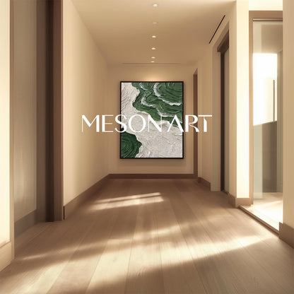 Emerald Green and White Art Diagonal Fluid Abstract Painting Forest Green Abstract River Painting