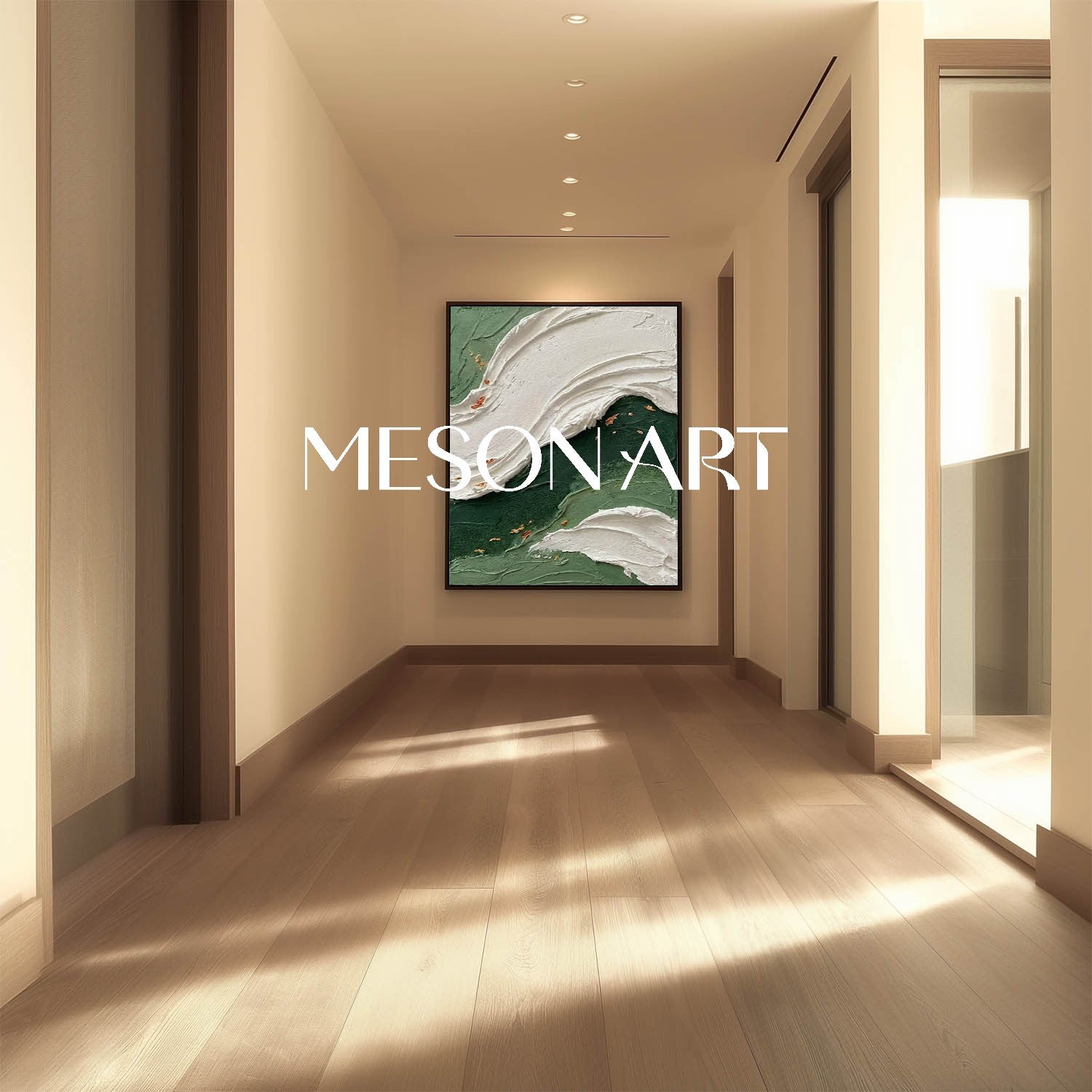 Emerald Green Abstract Wave Painting | Textured Coastal Wall Art with Gold