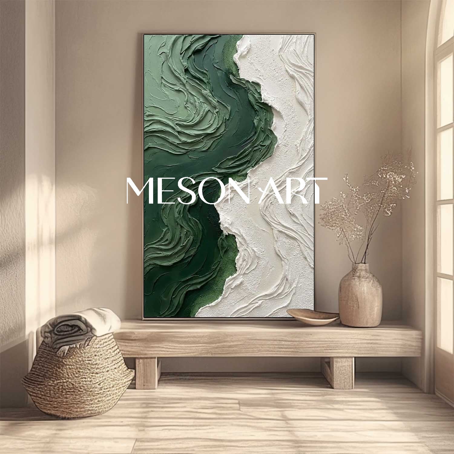 Large Green Wave Wall Art For Living Room Abstract Textured Painting Of A Green Beach