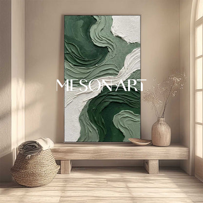 Large 3D Green Decorative Wall Art Abstract Green Textured Painting In The Dining Room.