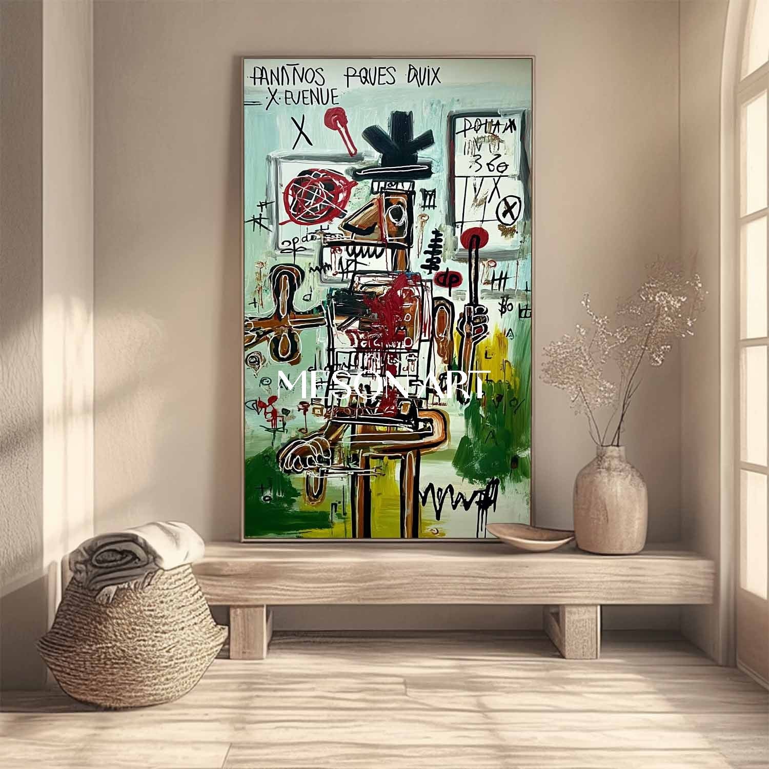Basquiat Inspired Green Abstract Graffiti Art Large Vertical Canvas