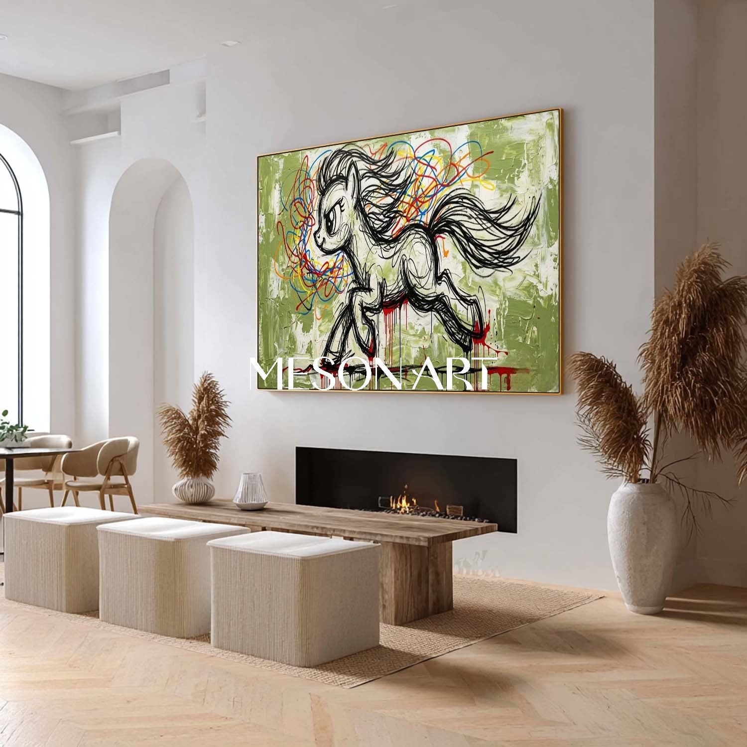 Abstract Graffiti Pony Wall Art Green Plaster Textured 3D Canvas Painting for Modern Decor