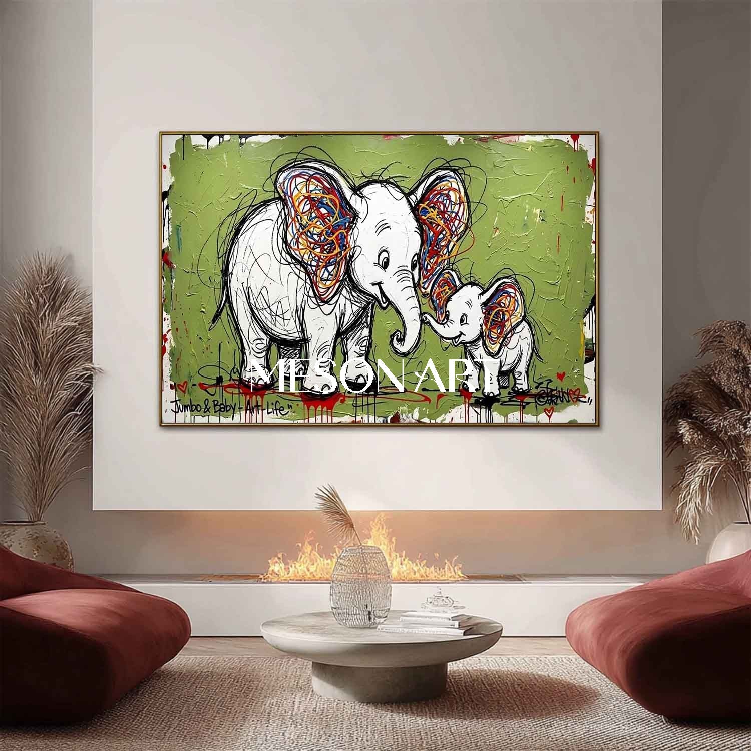 Avocado Green Elephant Canvas Art Abstract Elephant Graffiti Painting for Sale