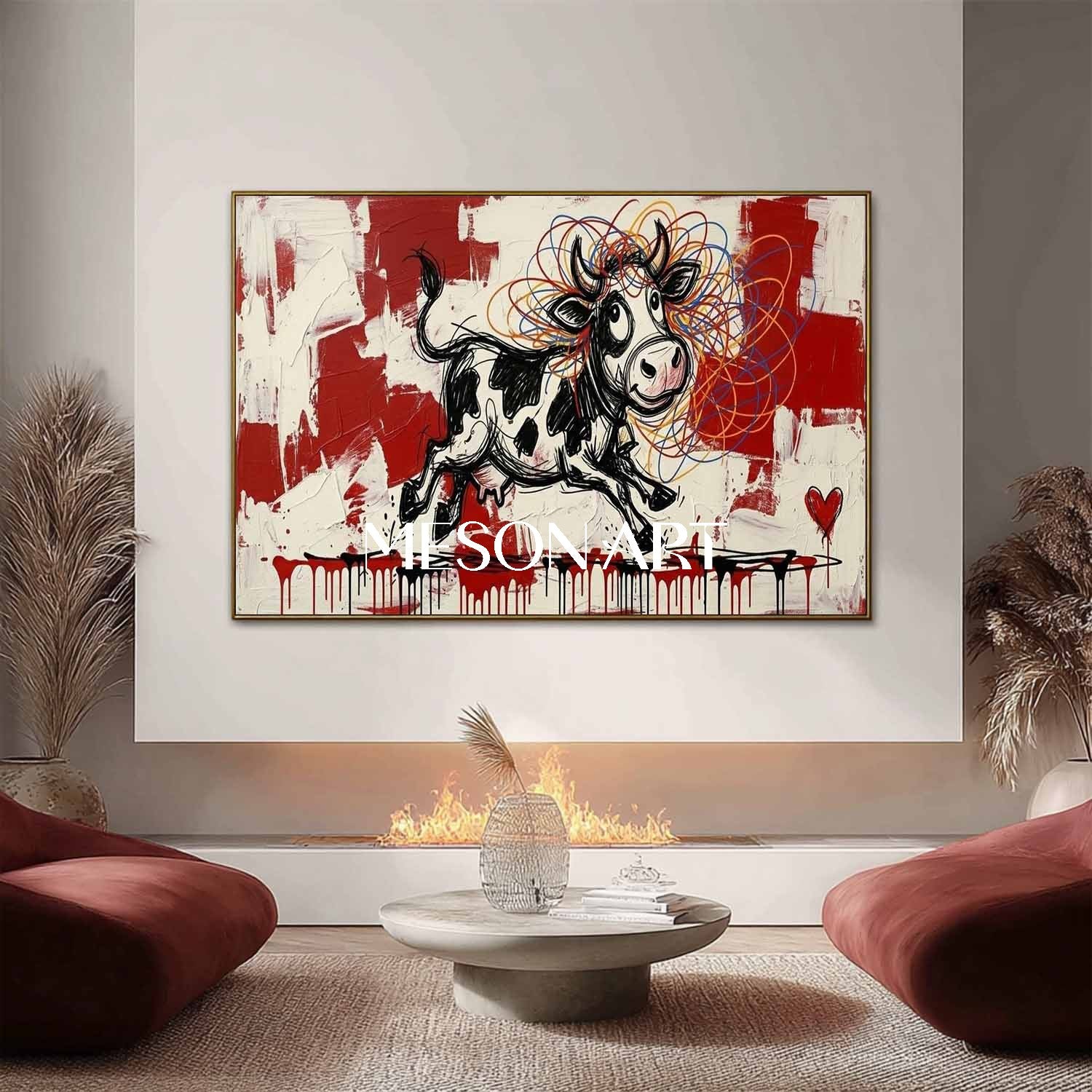 Contemporary Street Art Cartoon Cow Colorful Yarn Ball Living Room Painting