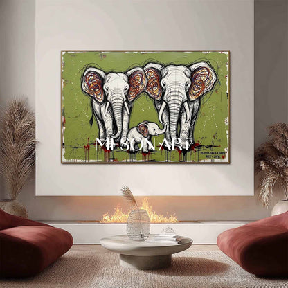 Textured Elephant Family Canvas Wall Art, 3D Pop Street Art For Living Room & Nursery Decor - MesonArt