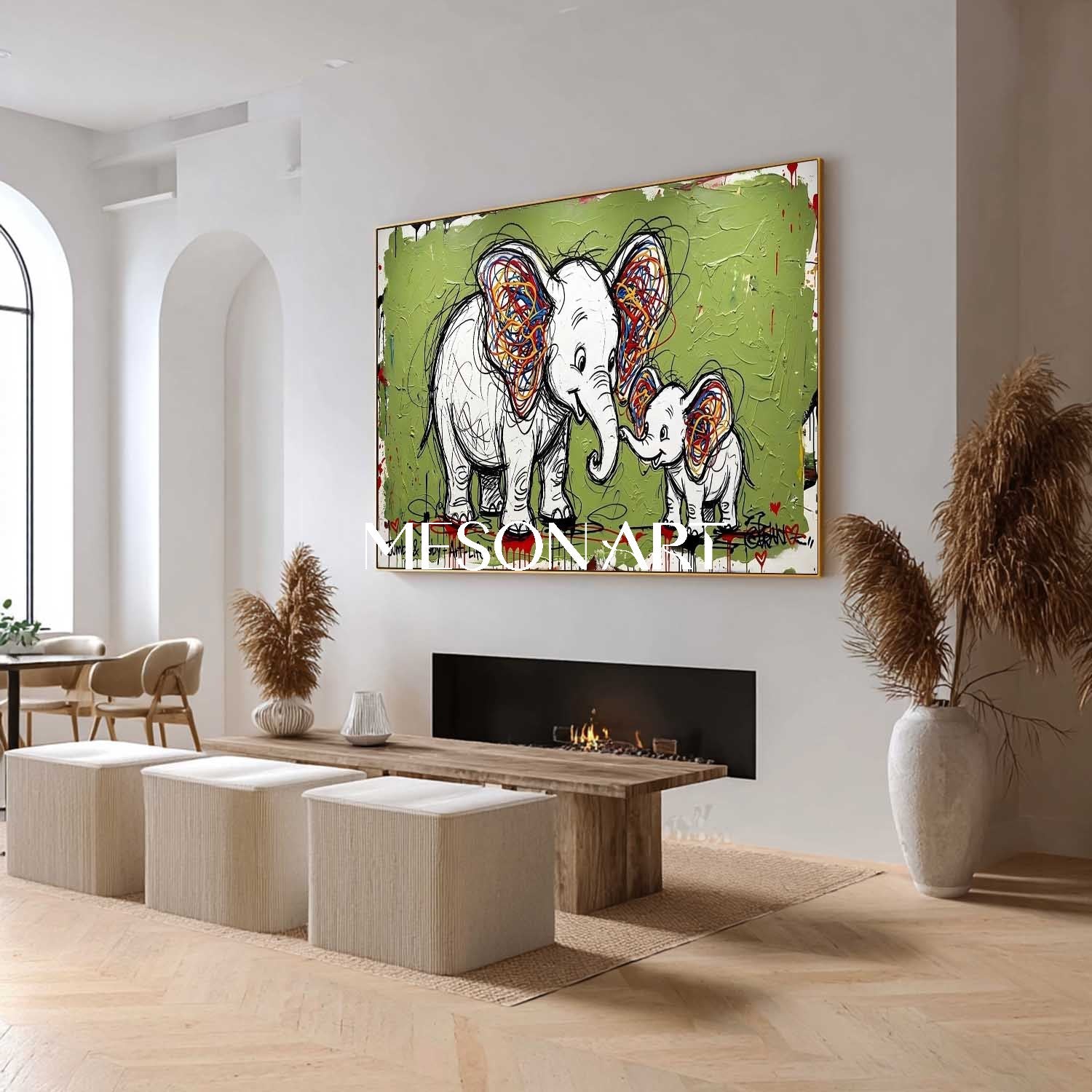 Avocado Green Elephant Canvas Art Abstract Elephant Graffiti Painting for Sale