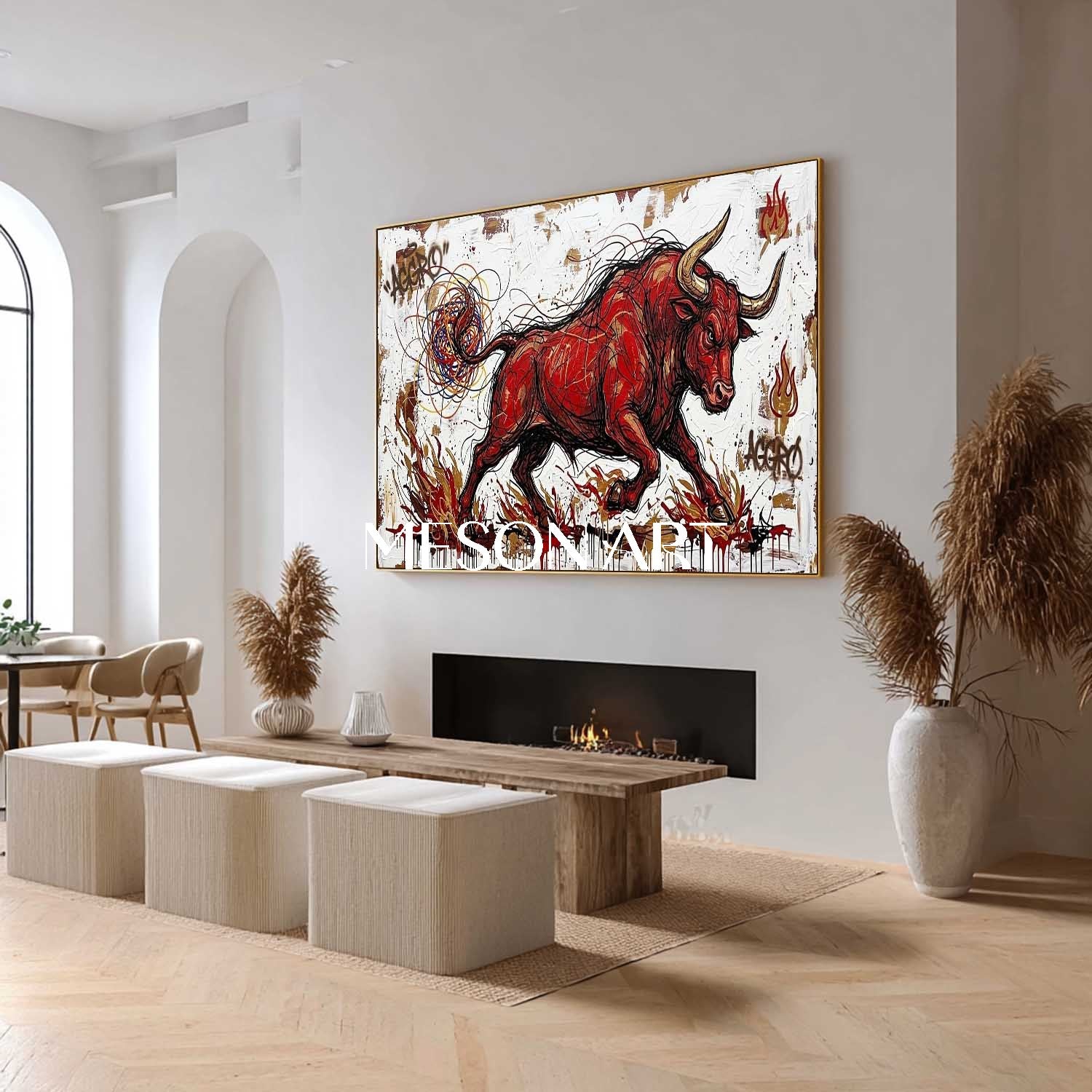 Aggro Red Bull Graffiti Canvas Painting 3D Textured Modern Wall Art for Office & Living Room