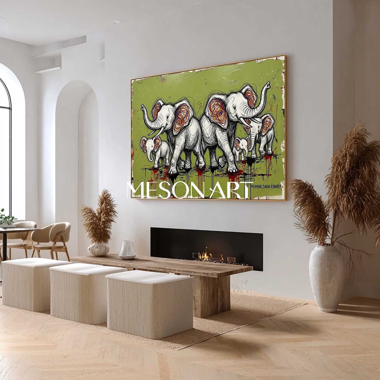 Large Elephant Art Canvas Olive Green Background Contemporary Animal Art