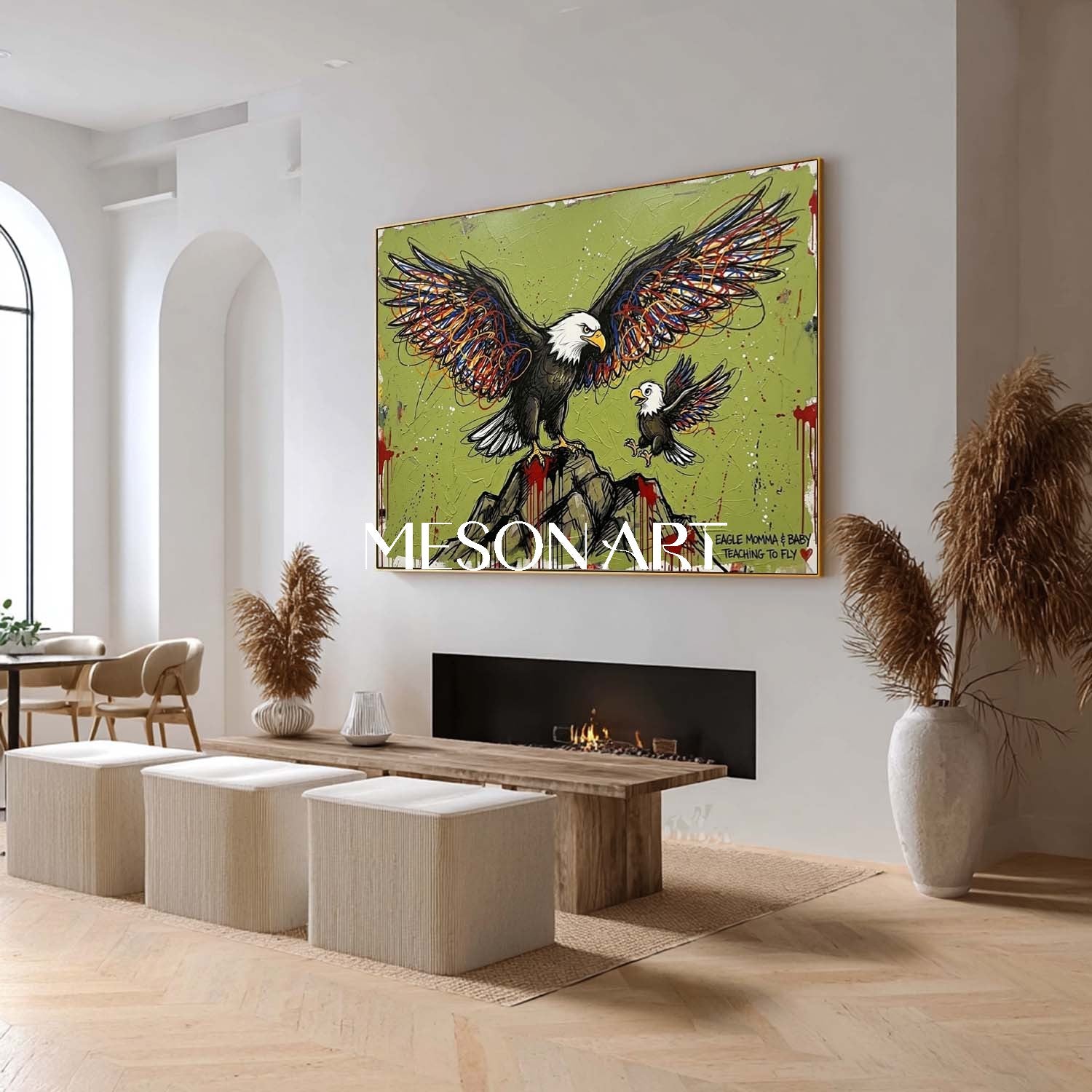 Modern Graffiti Bald Eagle Mother & Baby Teaching to Fly Canvas Wall Art