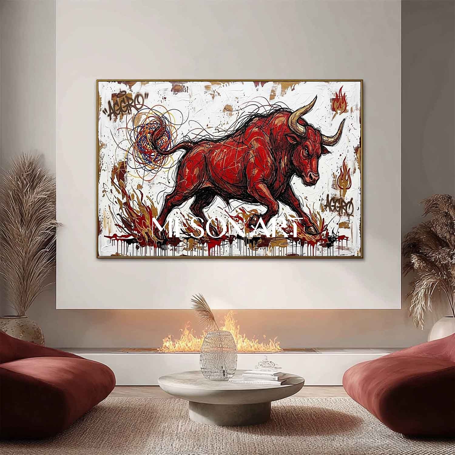 Aggro Red Bull Graffiti Canvas Painting 3D Textured Modern Wall Art for Office & Living Room