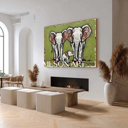 Textured Elephant Family Canvas Wall Art, 3D Pop Street Art For Living Room & Nursery Decor - MesonArt