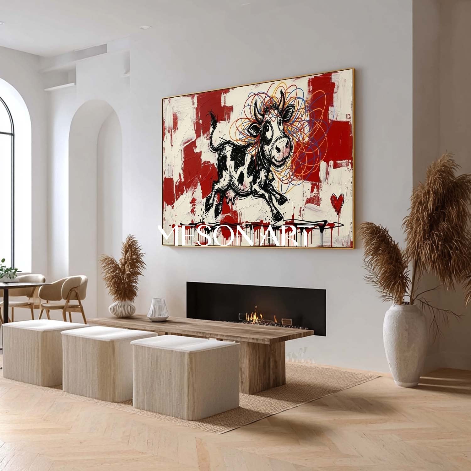 Contemporary Street Art Cartoon Cow Colorful Yarn Ball Living Room Painting