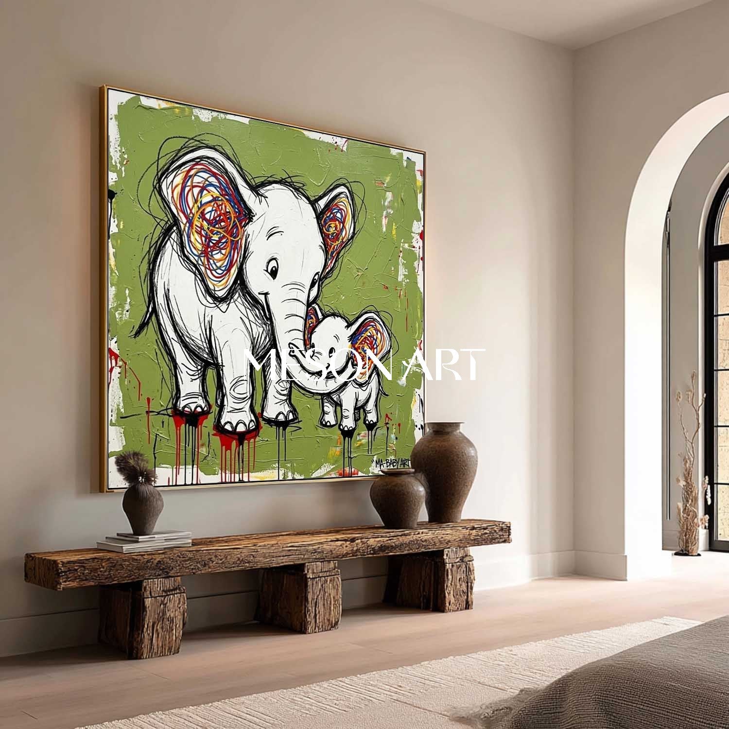 Avocado Green Elephant Canvas Painting Abstract Elephant Graffiti Art for Sale