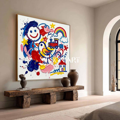 Original Kids Pop Art Wall Decor Colorful Rainbow Canvas Painting Contemporary Happy Artwork
