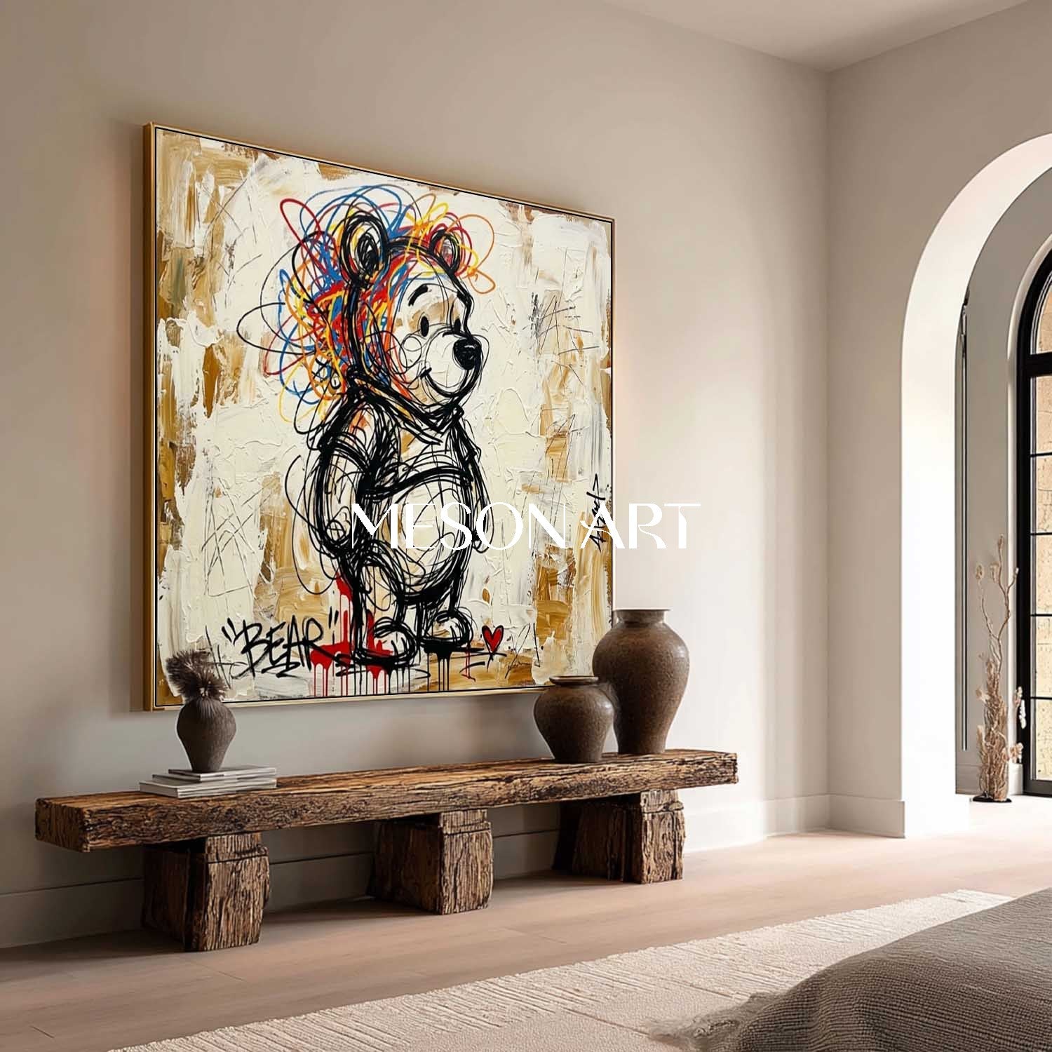 Square Hand-Painted Graffiti Bear Canvas Art | Textured Pop Art Bear | MESONART