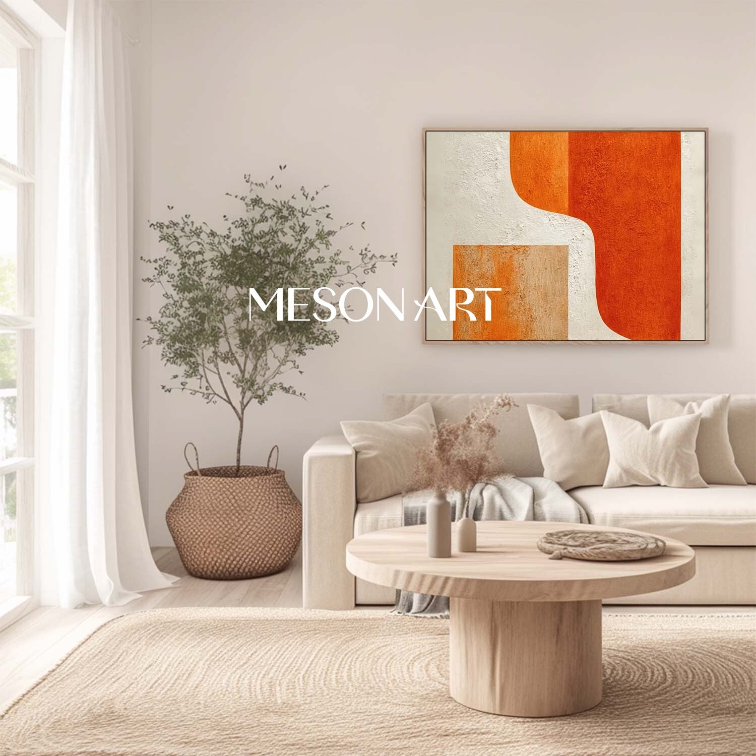 Contemporary Abstract Wall Art Minimalist Geometric Orange and Beige
