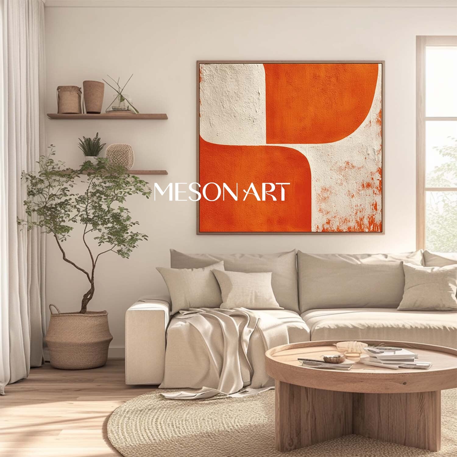 Neutral and Orange Abstract Canvas Contemporary Minimalist Modern Wall Art