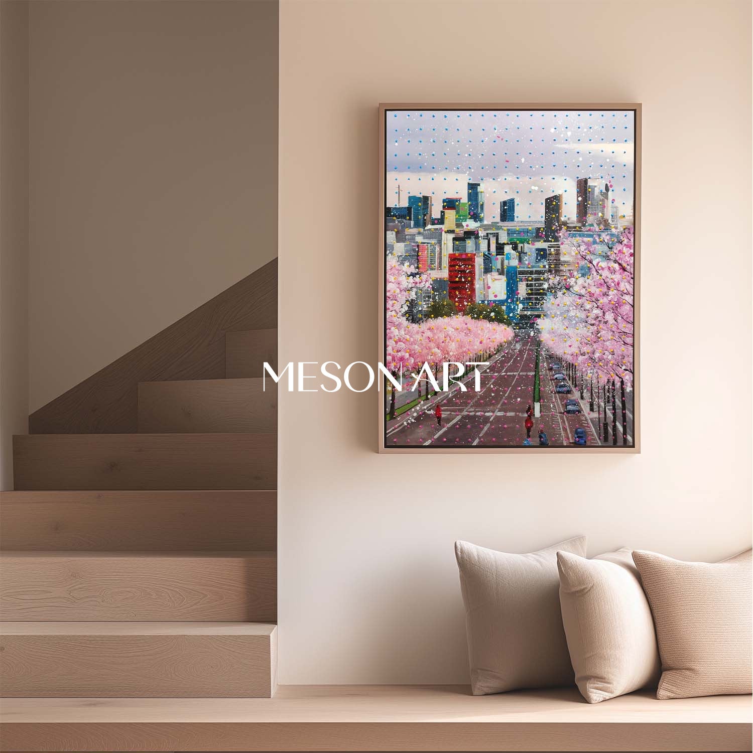 Sakura City Street Canvas Painting Contemporary Cherry Blossom Urban Wall Art