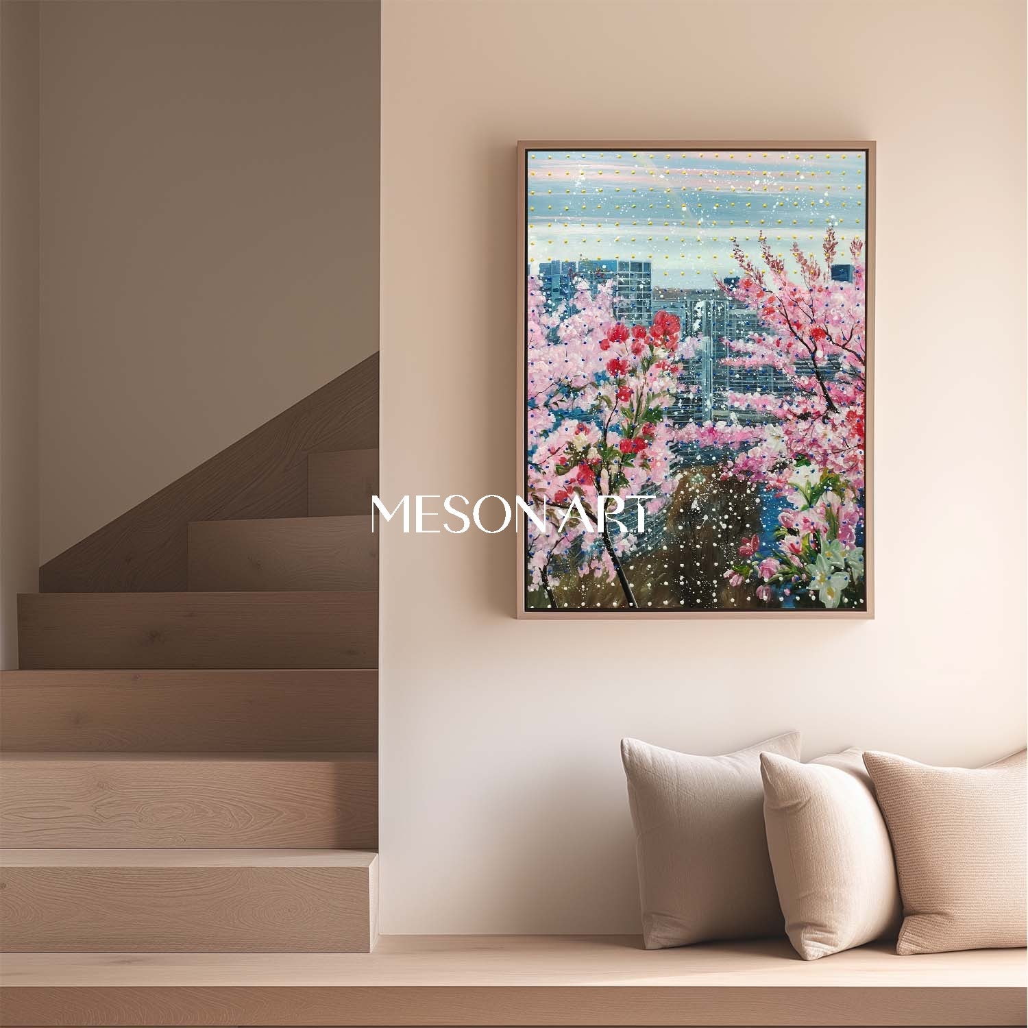 Cherry Blossom Cityscape Wall Art Modern Floral Canvas Painting