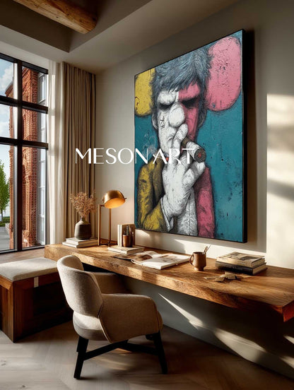 Large Man smoking a cigar texture painting Man smoking a cigar portrait abstract canvas wall art