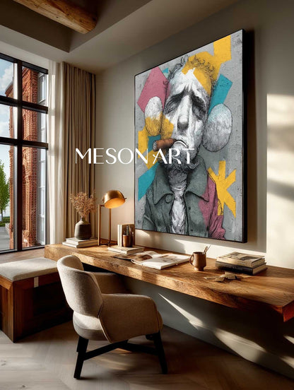 Large Man smoking cigar abstract portrait painting Cigar shop abstract canvas wall art decoration