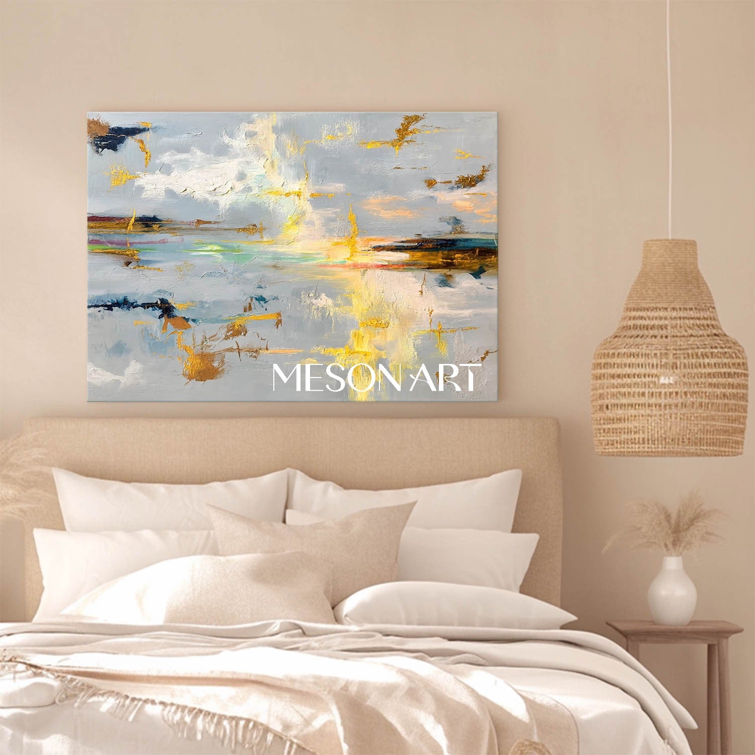 グレーゴールド抽象特大絵画水平リビングルームのアート装飾 – MesonArt