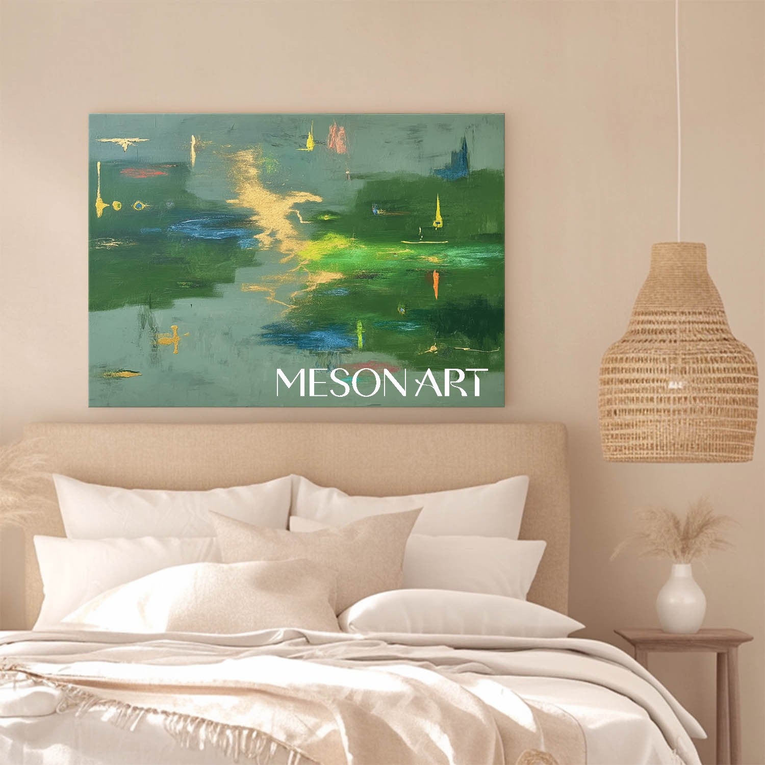 Large Abstract Green Painting Contemporary Colorful Wall Art Entryway