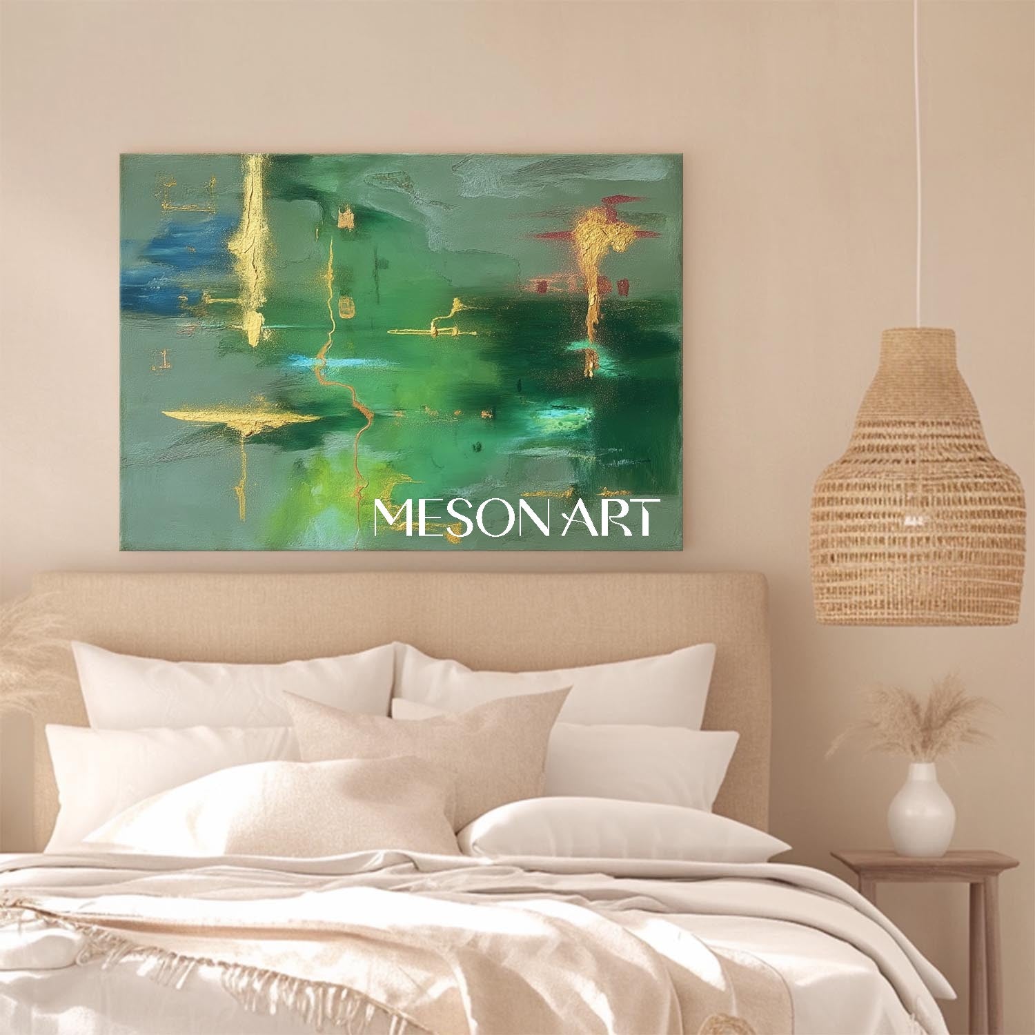 Emerald Green Abstract Canvas Art with Gold Texture Contemporary Style