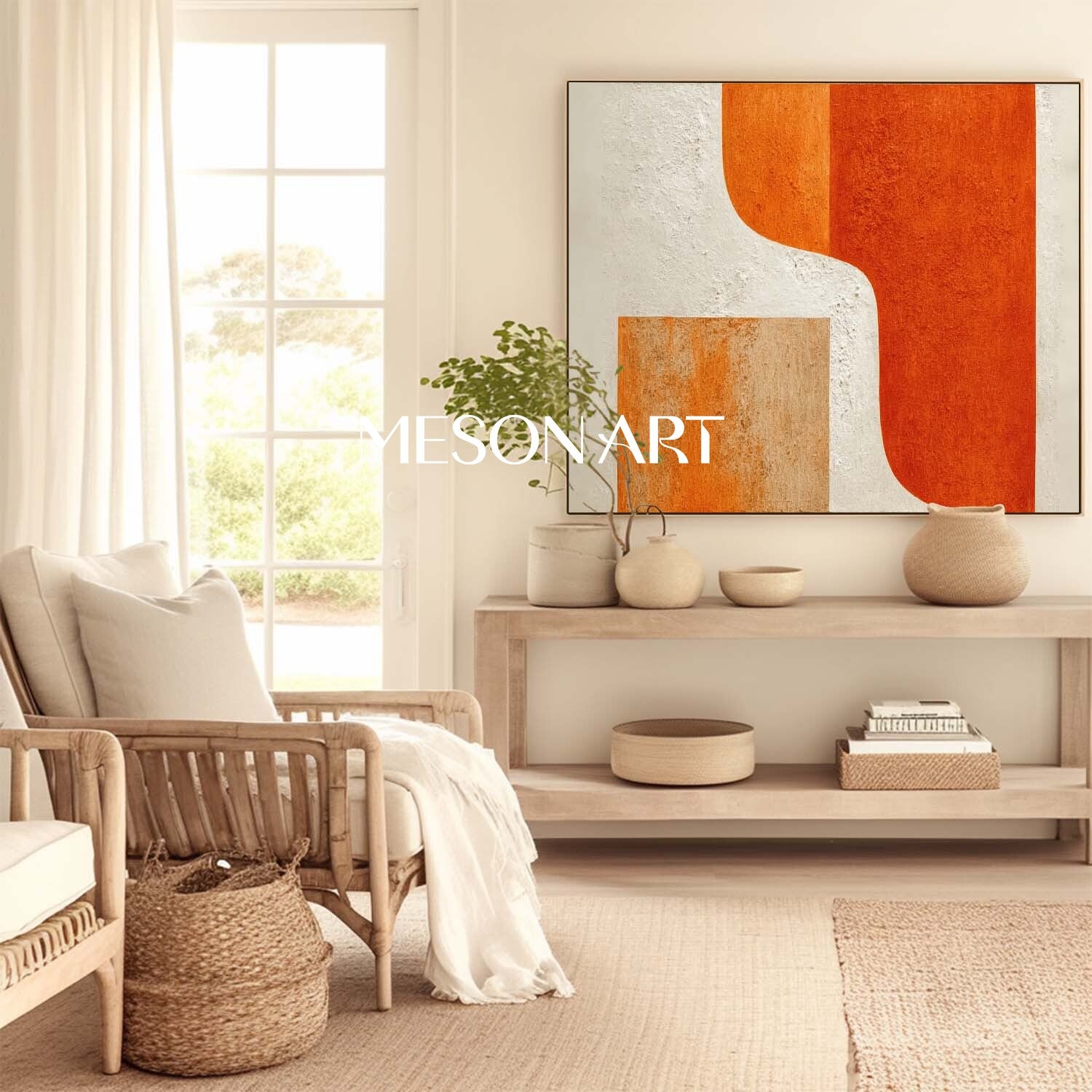 Contemporary Abstract Wall Art Minimalist Geometric Orange and Beige