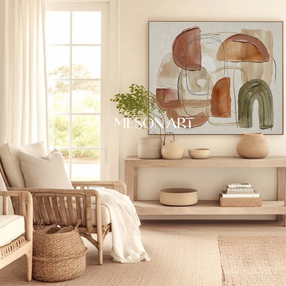 Boho Minimalist Canvas Painting Impasto Art with Lines Scandi Boho Home Decor