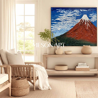 MesonArt 3D Textured Red Mountain Oil Painting - Impasto Landscape Wall Art