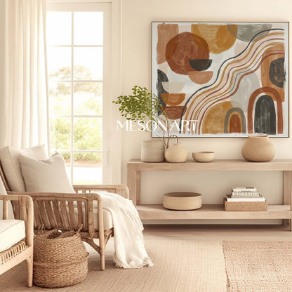 Boho Arch Wall Art Abstract Circles and Lines Painting Warm Tone Bedroom Decor