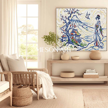 MesonArt 3D Textured Japanese Wall Art: Mount Fuji & Geisha Impasto Canvas Painting, Heavy Plaster Effect Knife Oil Art for Living Room Decor