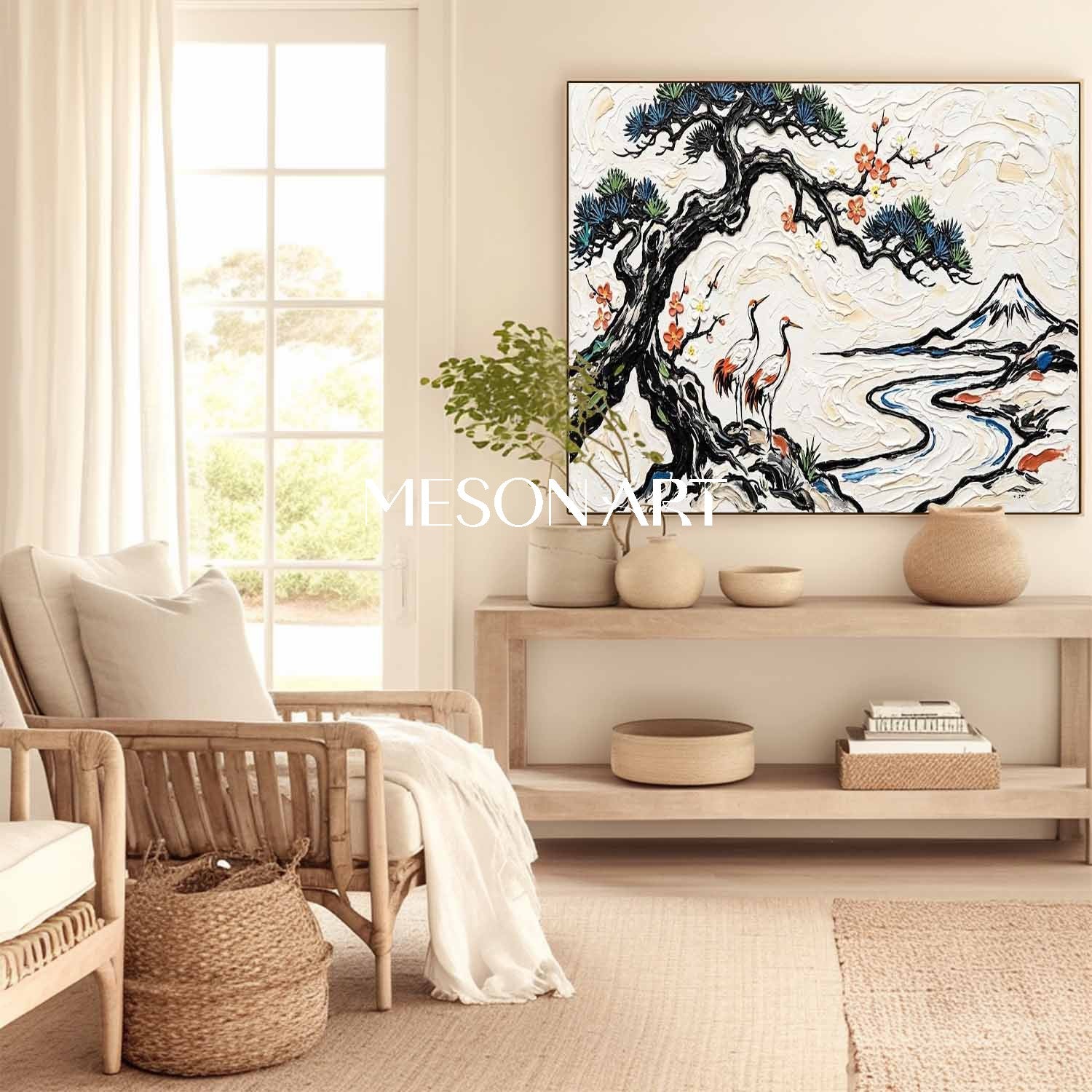 MesonArt 3D Textured Oil Painting | Pine Tree & Cranes Japanese Wall Art