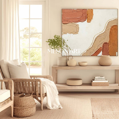 Terracotta & Beige Textured Abstract Art | Earth Tone Boho Canvas with Gold Line