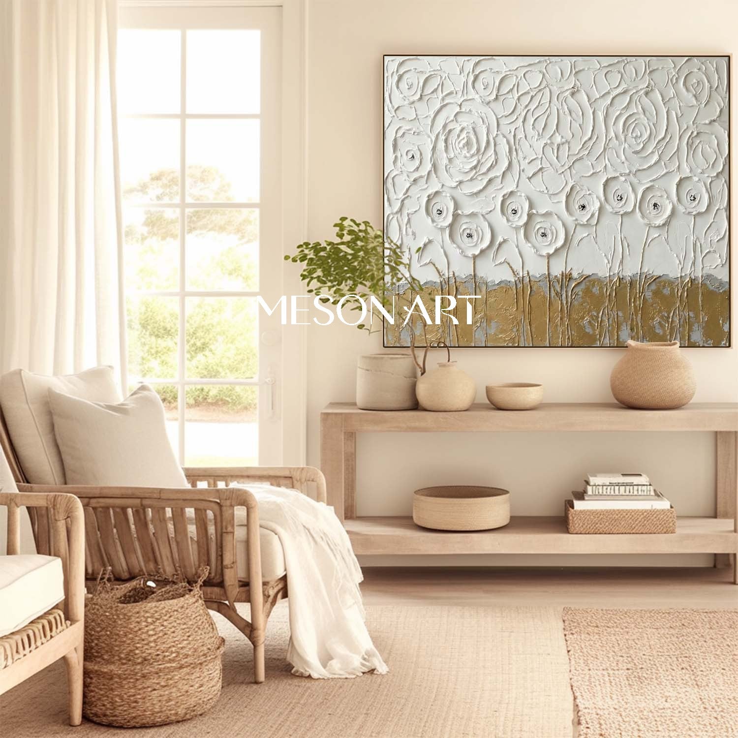 3D Gold and White Floral Textured Painting on Plaster Canvas Art
