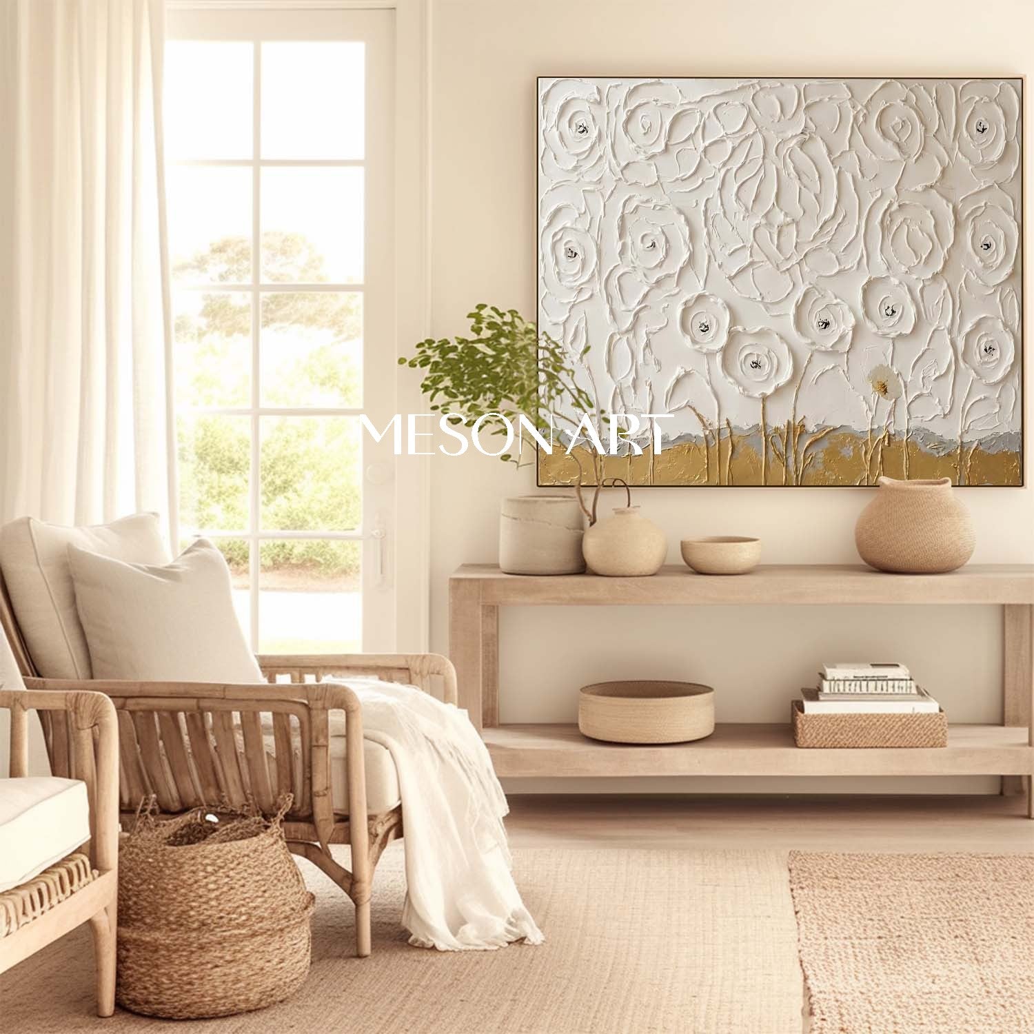 Horizontal Abstract Floral Painting Plaster Canvas Art For Living Room