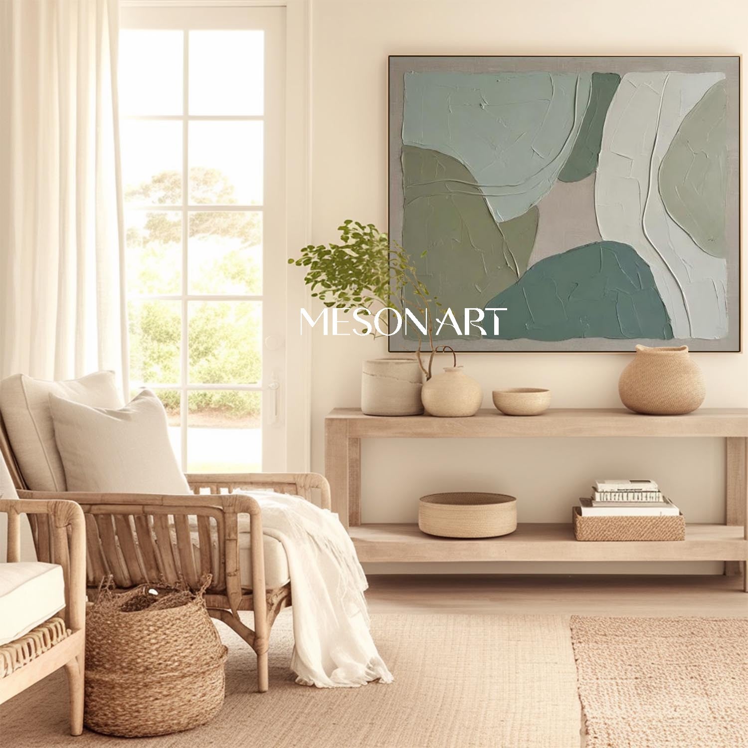 Large Wabi-Sabi Abstract Oil Painting | Minimalist Green Impasto Decor