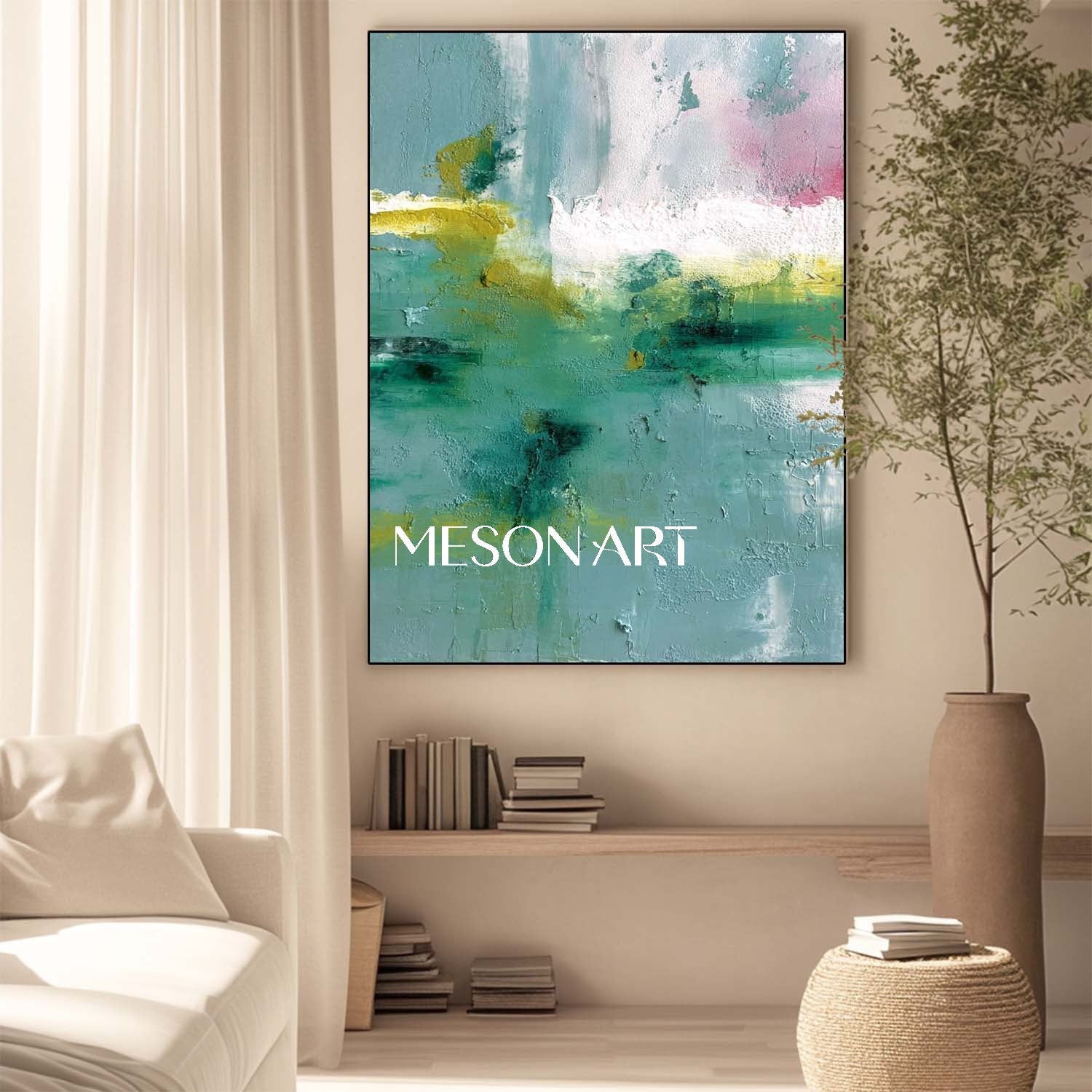 Light Green Abstract Painting Green Wall Art Decor Above the Fireplace