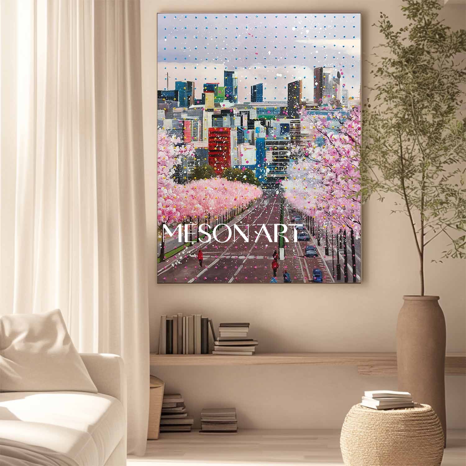 Sakura City Street Canvas Painting Contemporary Cherry Blossom Urban Wall Art