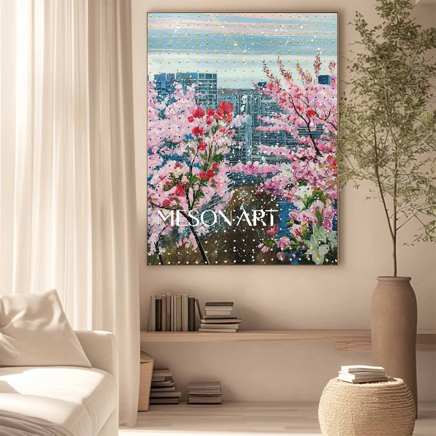 Cherry Blossom Cityscape Wall Art Modern Floral Canvas Painting