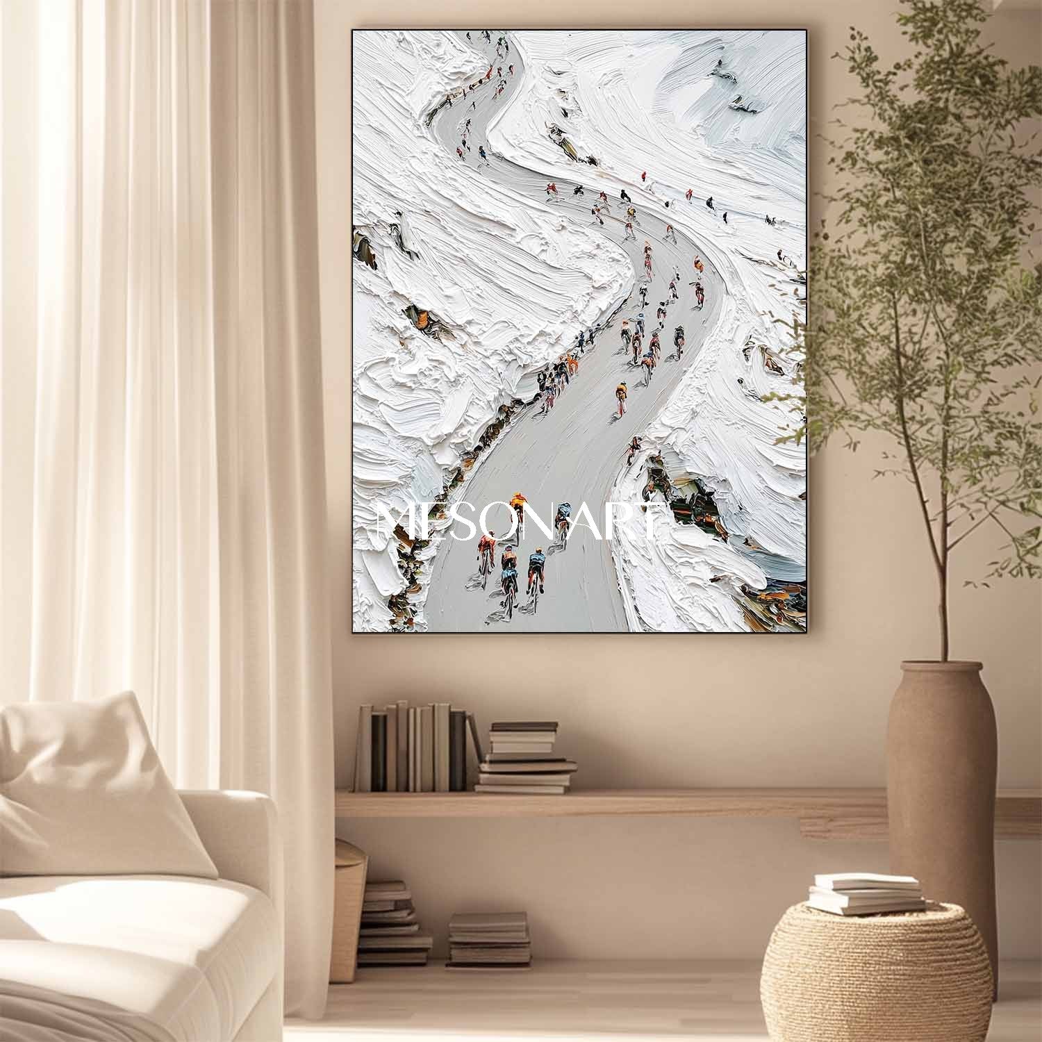 White Abstract Mountain Cycling Impasto Oil Painting Framed Office Art