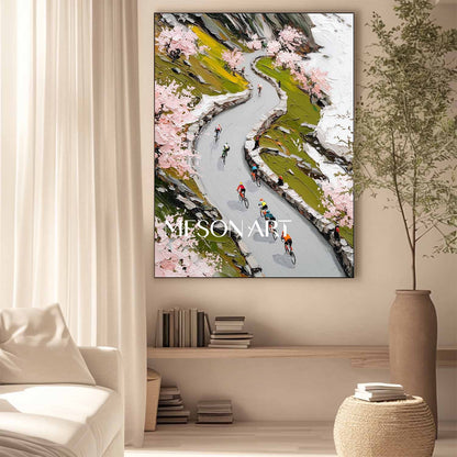 Handmade Impasto Painting Spring Mountain Cycling Canvas Art Entryway
