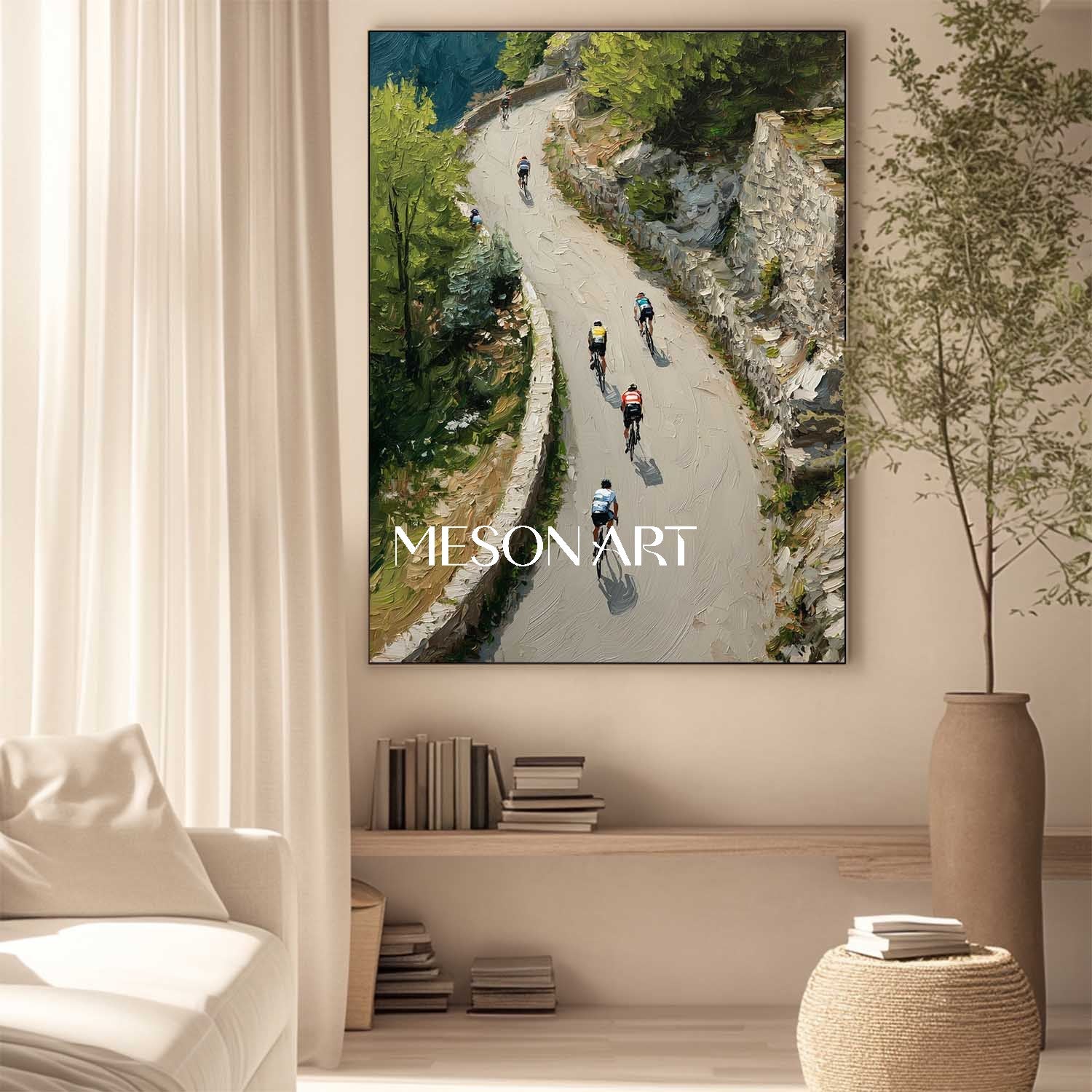 Spring Impasto Green Mountain Cycling Painting Textured Canvas Wall Art